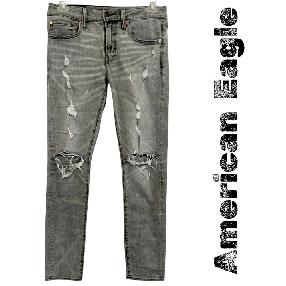 Men’s AE AirFlex+ Ripped Distressed Skinny Jeans Size 31L x 32W American Eagle